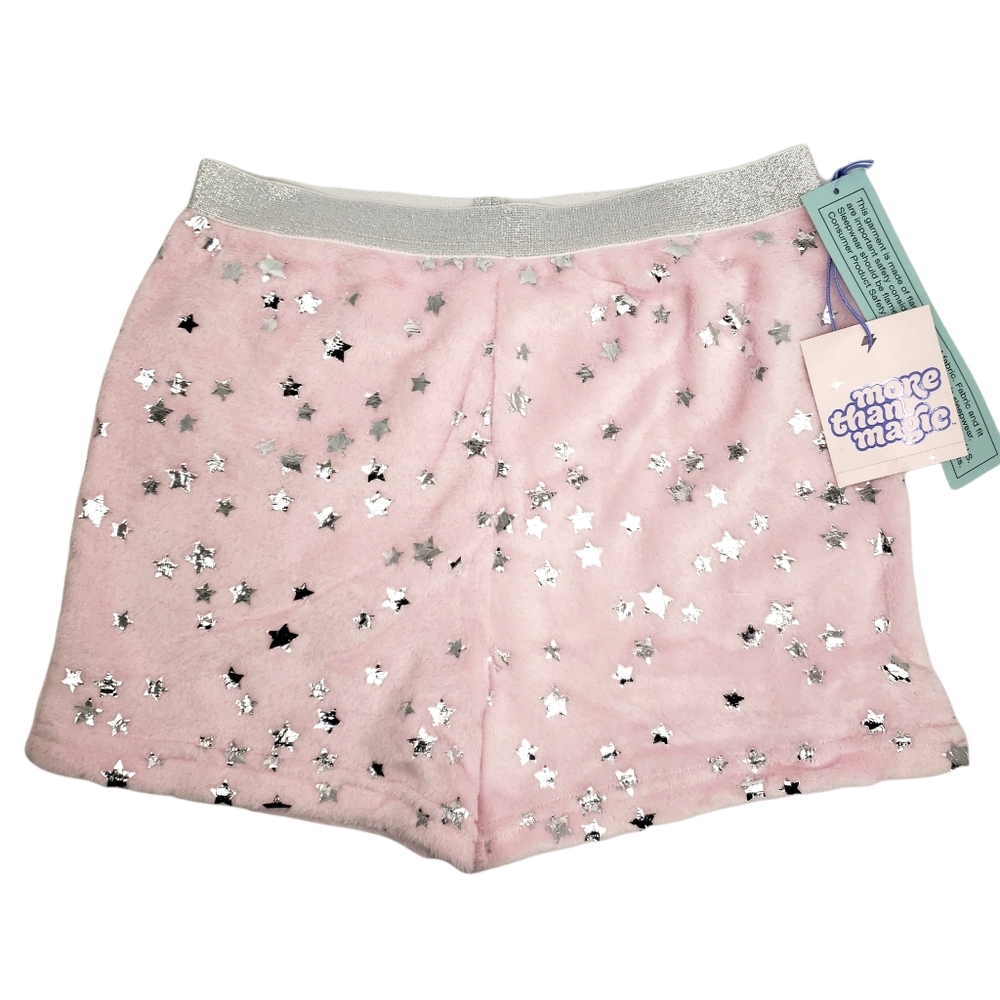 NEW More Than Magic Fuzzy Pink Sleep Shorts Metallic Silver Stars Size Large